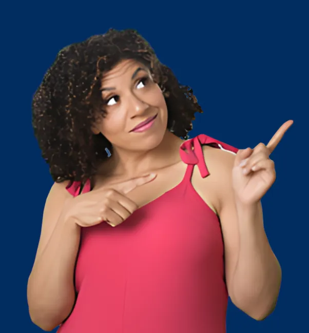 Woman pointing to the conference title